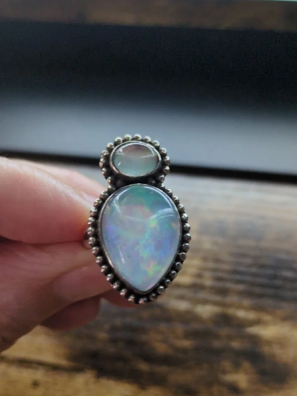 Opal Teardrop Double Stone Sterling-Style Ring in Iridescent Blue-Green